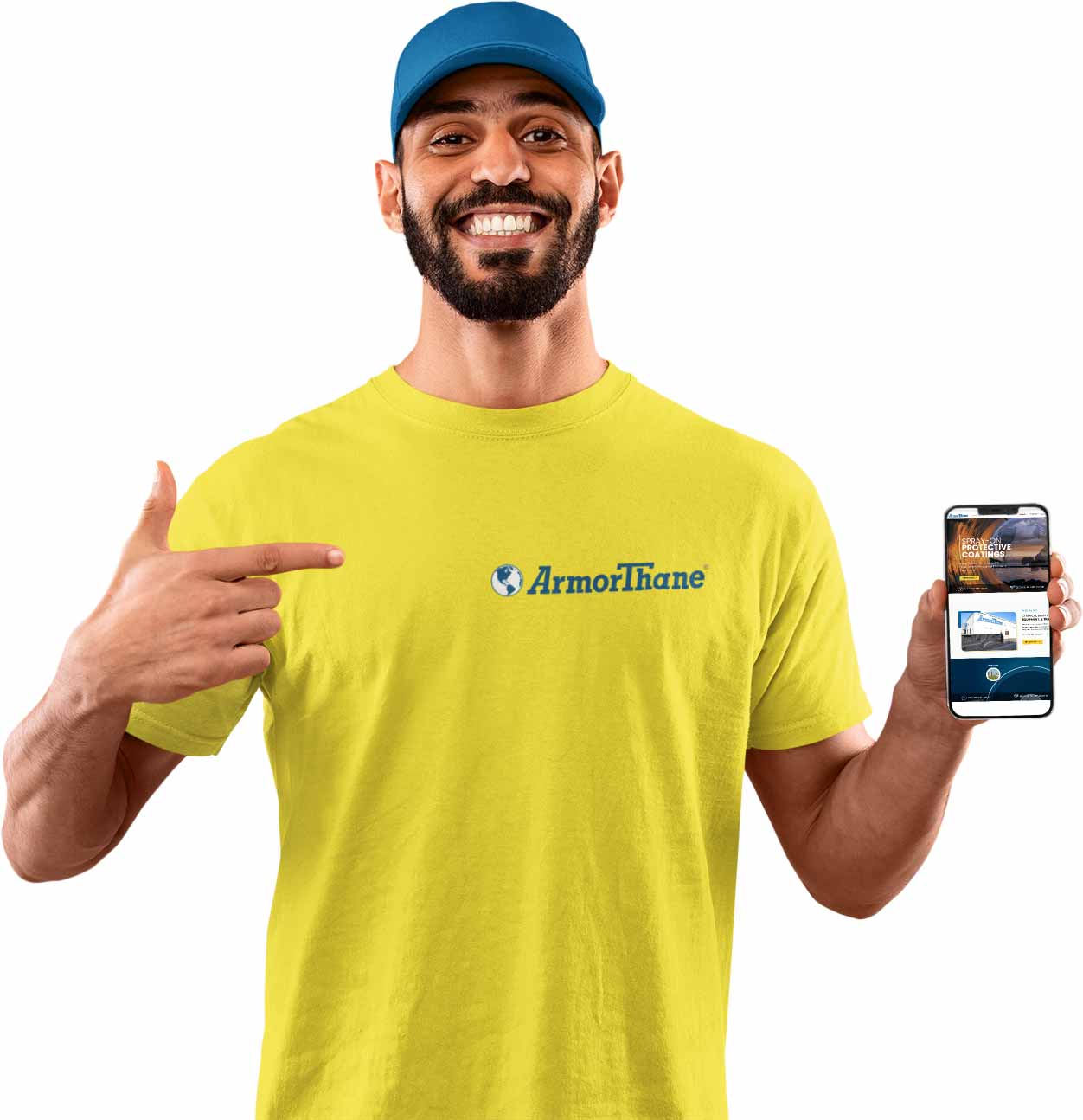 round neck t shirt mockup of a bearded man pointing to his iphone screen