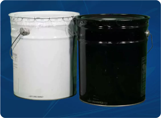 Polyurea coating in black and white buckets
