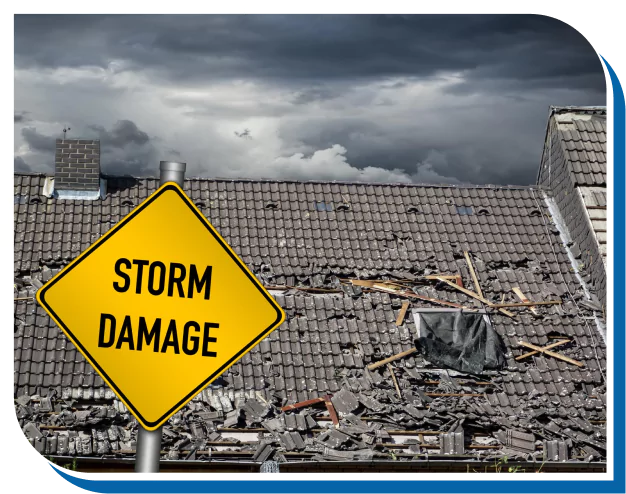 Severe storm damage to rooftops and debris