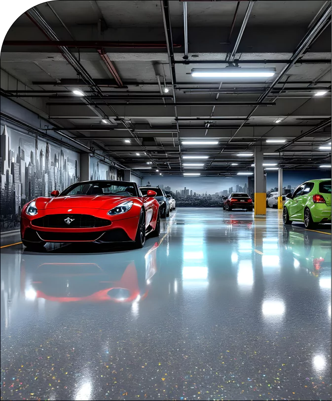Glossy epoxy flooring in luxury parking garage