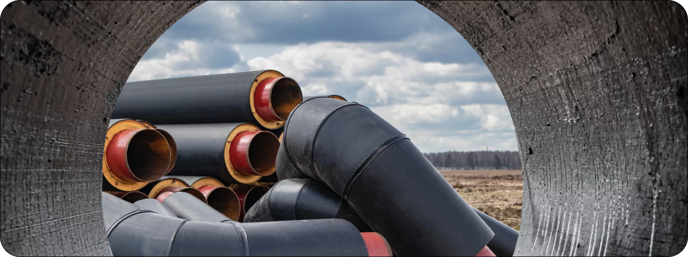 Black coated steel pipes stacked outdoors