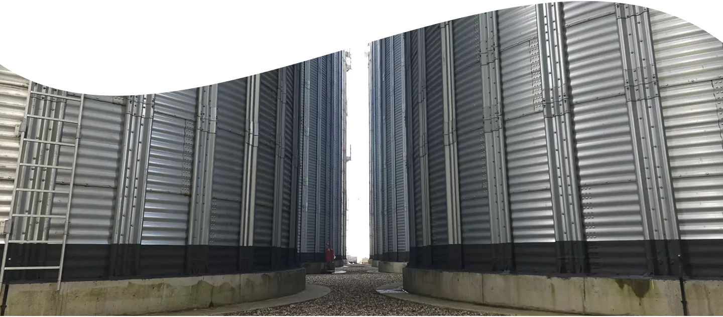Large corrugated metal grain silos with protective coating at their base.
