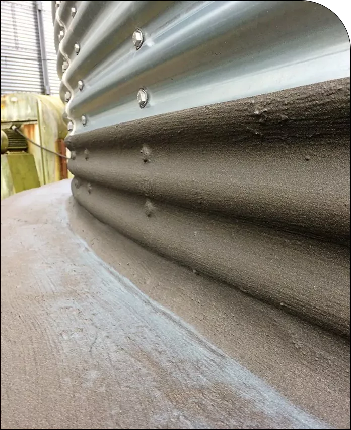 Close-up of a corrugated metal silo with protective coating applied at the base.