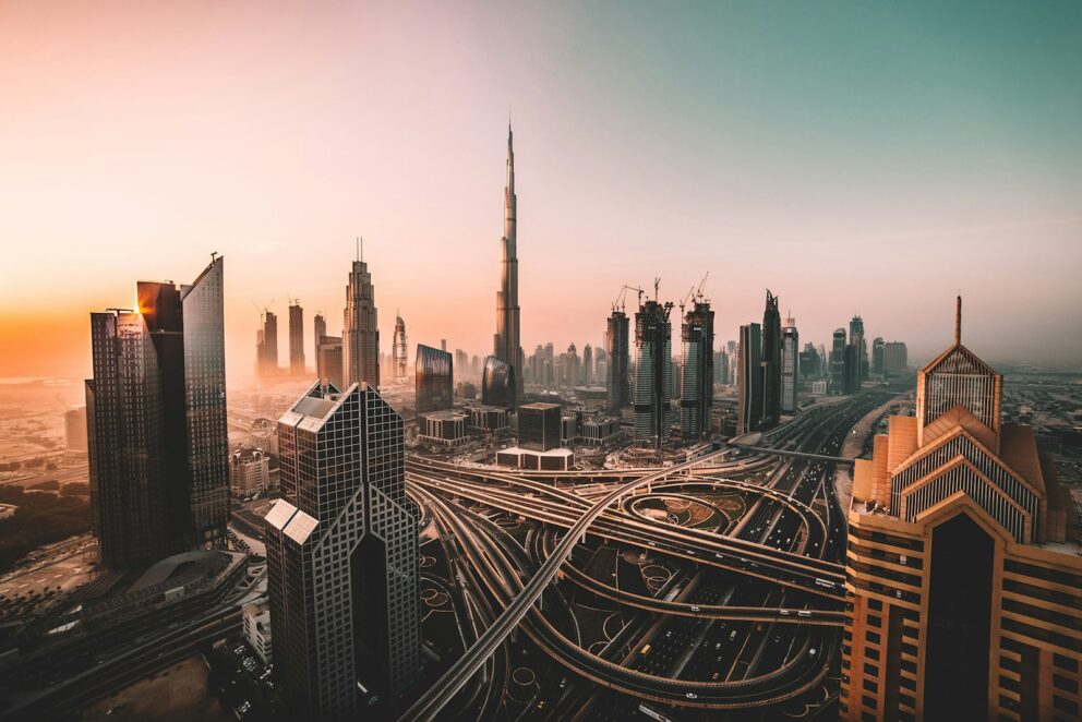 Dubai skyline at sunset representing the Gulf countries served by ArmorThane blast mitigation systems